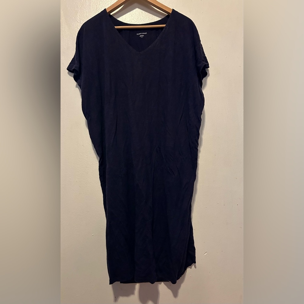 Eileen Fisher 100% organic cotton V-neck pullover casual navy colored dress